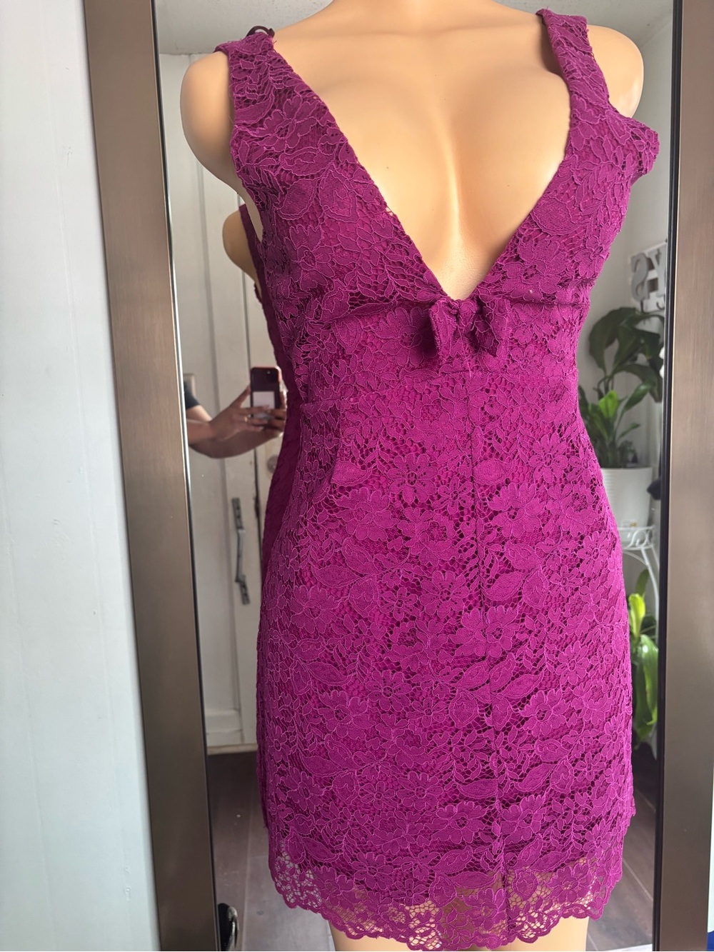 Fuchsia Lace V-Neck Mini Dress with Bow Detail
